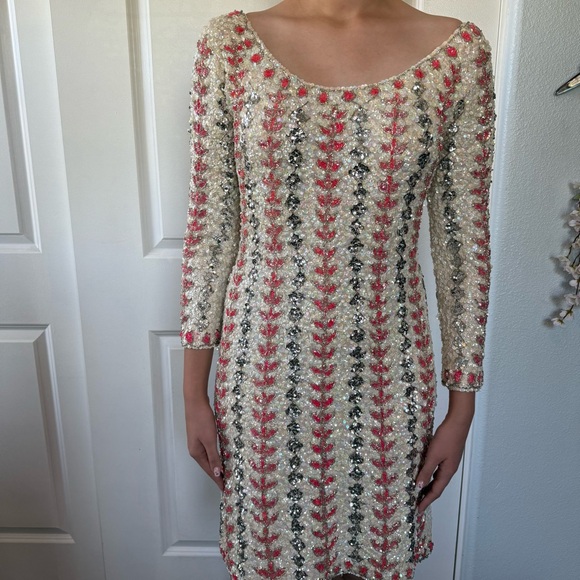 VINTAGE 50s 60s | Edith Morré | Palm Desert amazing ivory pink sequin dress M L - Picture 12 of 14